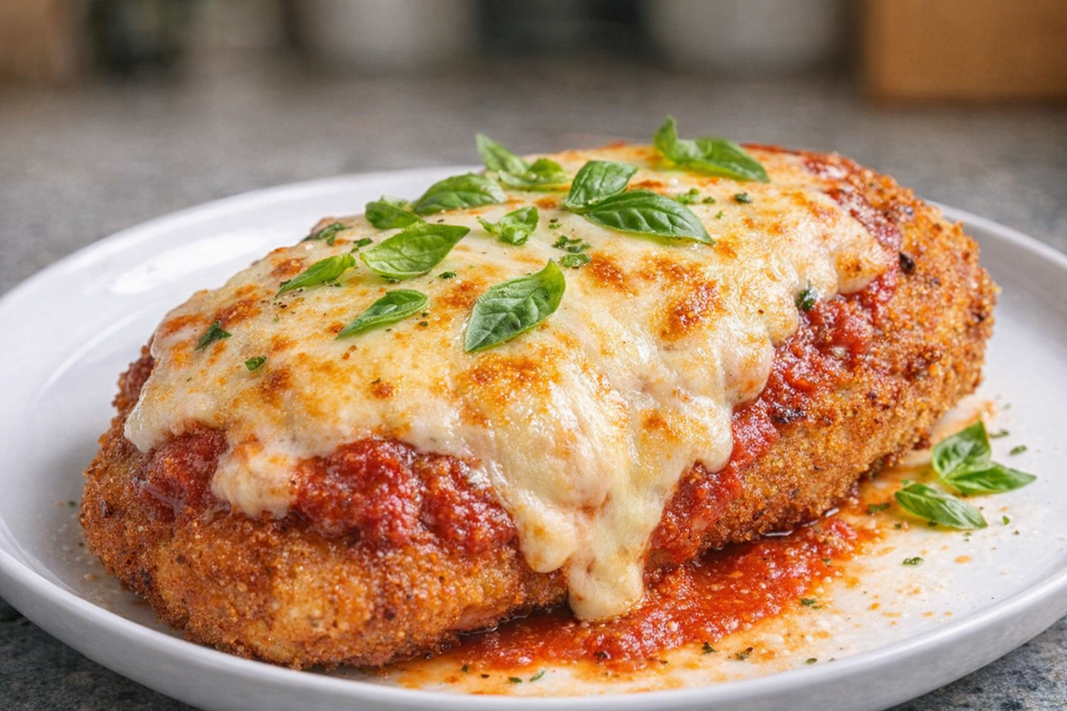 A perfectly plated Chicken Parmigiana, golden-brown crust, melted mozzarella, fresh basil garnish, bright studio lighting, 45-degree angle